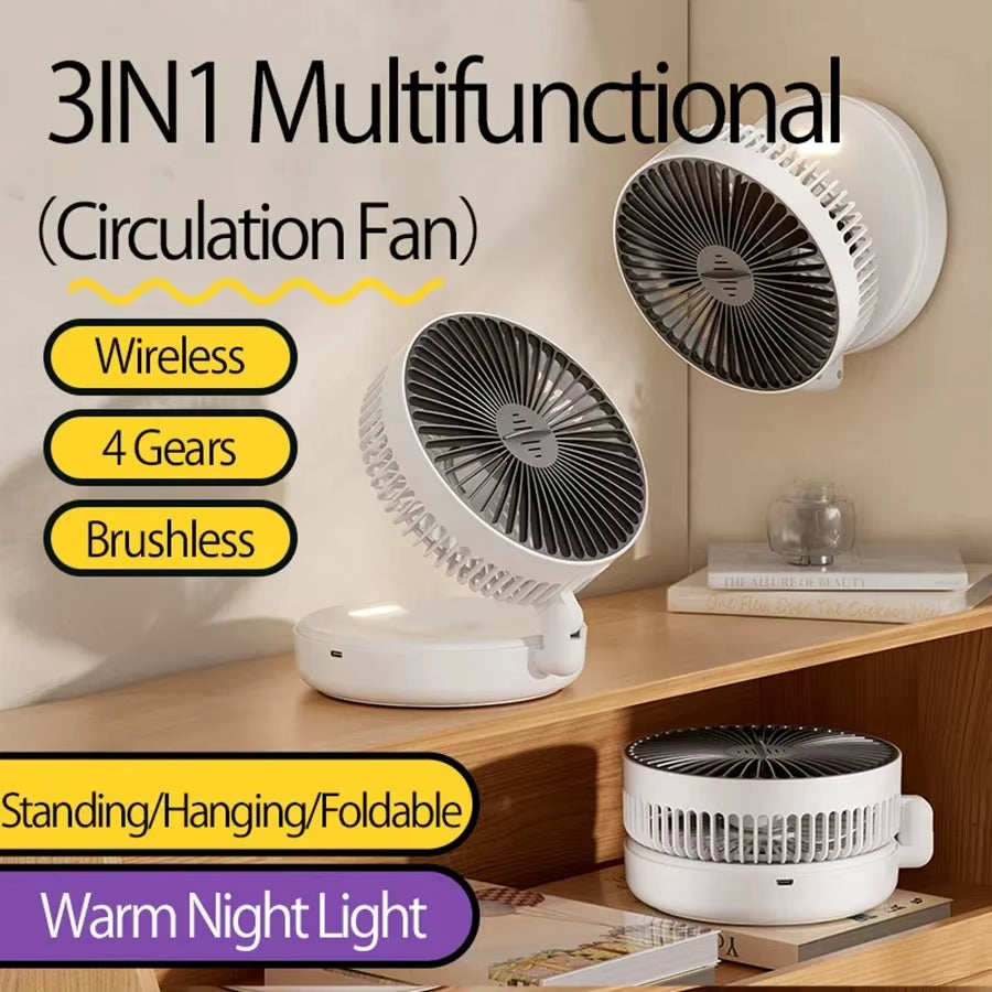 Air Circulation Fan Foldable Fan Wall Mounted Fan Ceiling Fan Air Circulation Fan with LED Light USB Plug-In(No Battery)