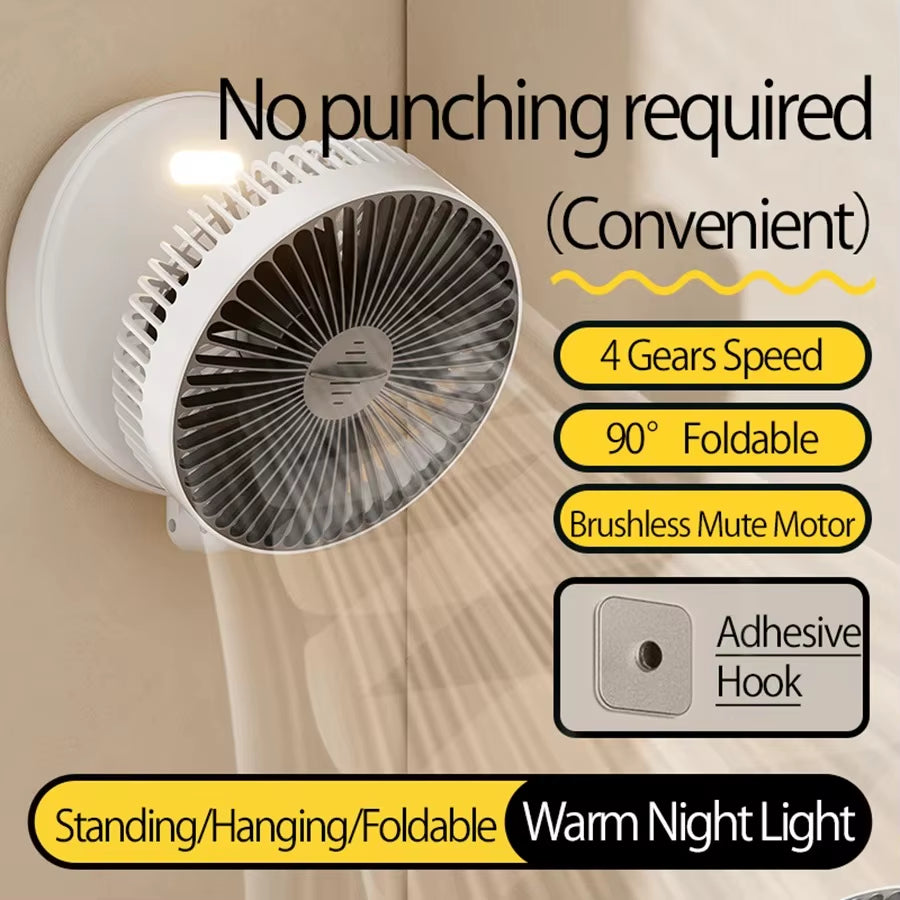 Air Circulation Fan Foldable Fan Wall Mounted Fan Ceiling Fan Air Circulation Fan with LED Light USB Plug-In(No Battery)